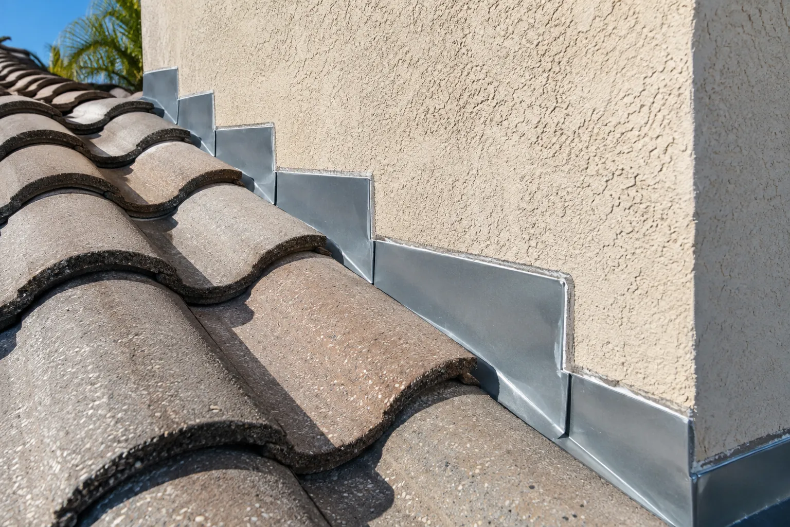 Step flashing where tile meets a stucco wall