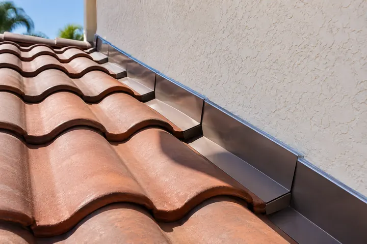 Step flashing seated at a stucco wall after repair