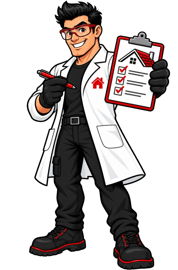 The Florida Roof Lab mascot holding a clipboard